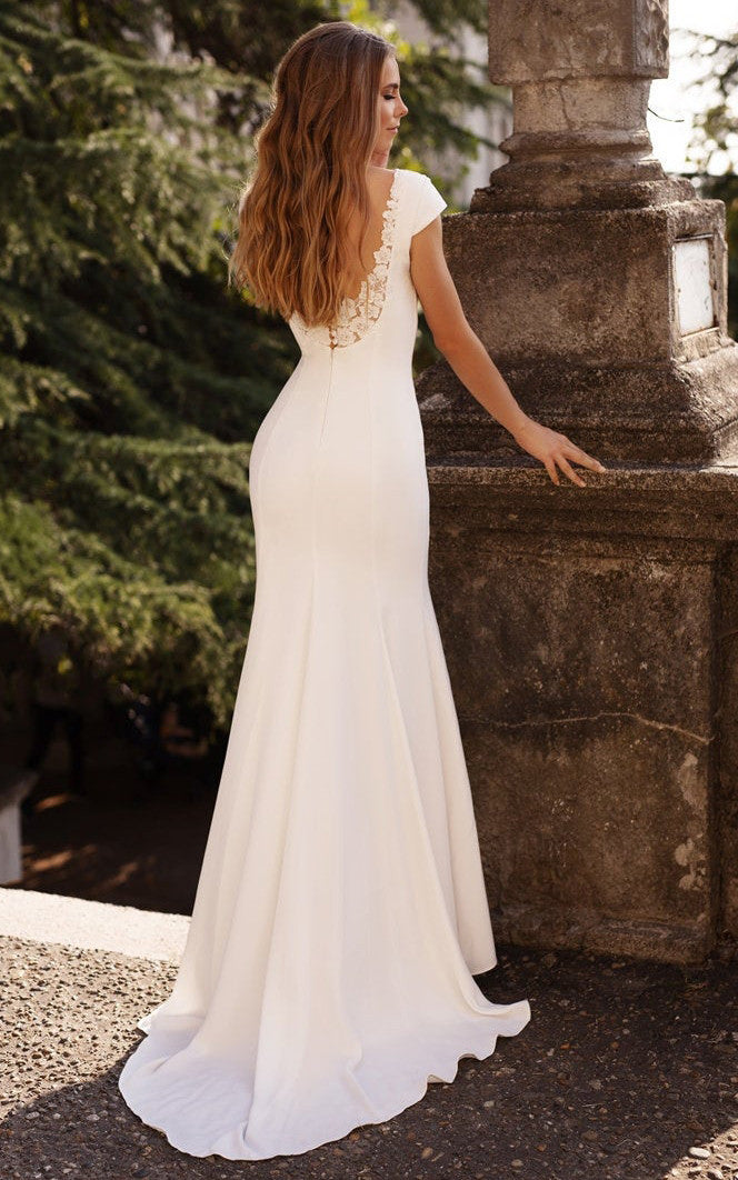 satin v neck mermaid wedding dress Satin Mermaid Romantic V-neck Wedding Dress With Open Back And Appliqu –  DorrisDress