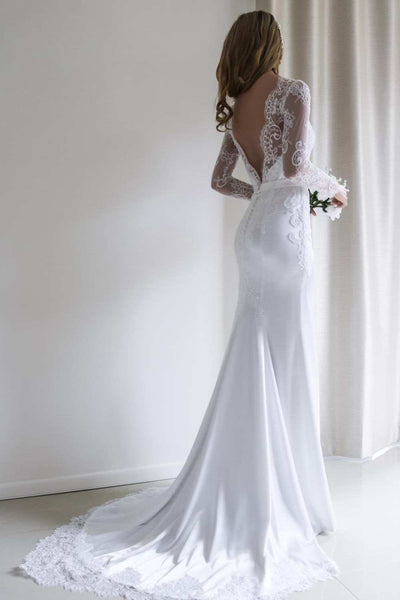 Elegant Bateau Lace Long Sleeve Sheath Wedding Dress With Sweep Train