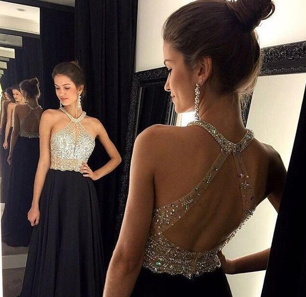Chic Crystals Beadings Chiffon Prom Dress 2016 A-line Halter Sleeveless
