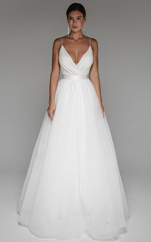 Casual A Line Spaghetti V-neck Tulle Wedding Dress with Sash