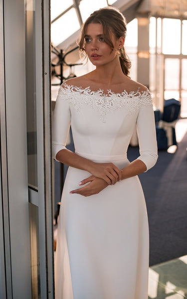 Simple Off-the-shoulder Sheath Sweep Train 3/4 Length Sleeve Wedding Dress With Appliques
