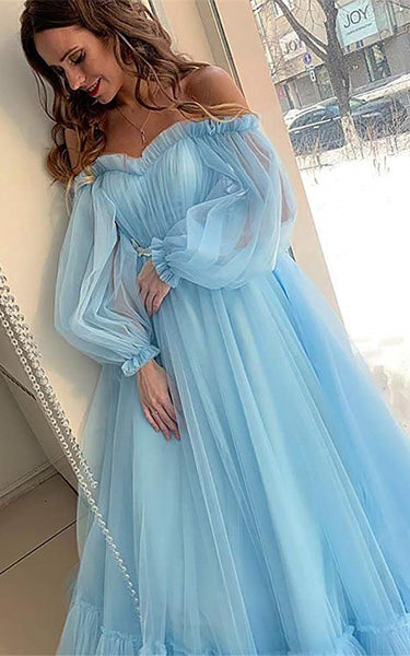 Tulle Floor-length Brush Train Ball Gown Long Sleeve Ethereal Prom Dress with Ruffles