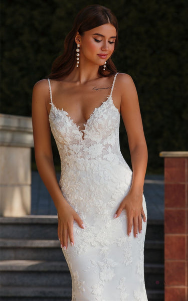 Casual Mermaid Spaghetti Plunging Neckline Lace Wedding Dress with Appliques