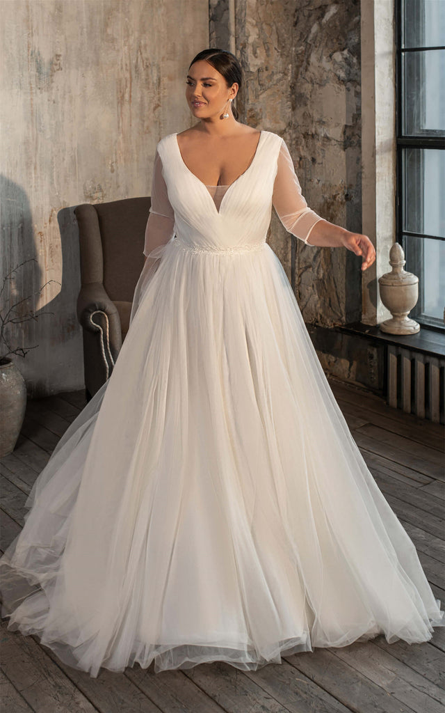 Casual V-neck A Line Tulle Court Train Wedding Dress with Ruching-7160 DorrisDress Casual V-neck A Line Tulle Court Train Wedding Dress with Ruching-7160 DorrisDress