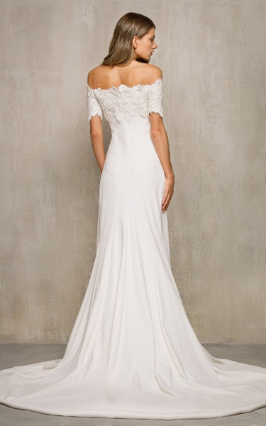 Simple Trumpet Charmeuse Scalloped Wedding Dress With Short Sleeve And Open Back