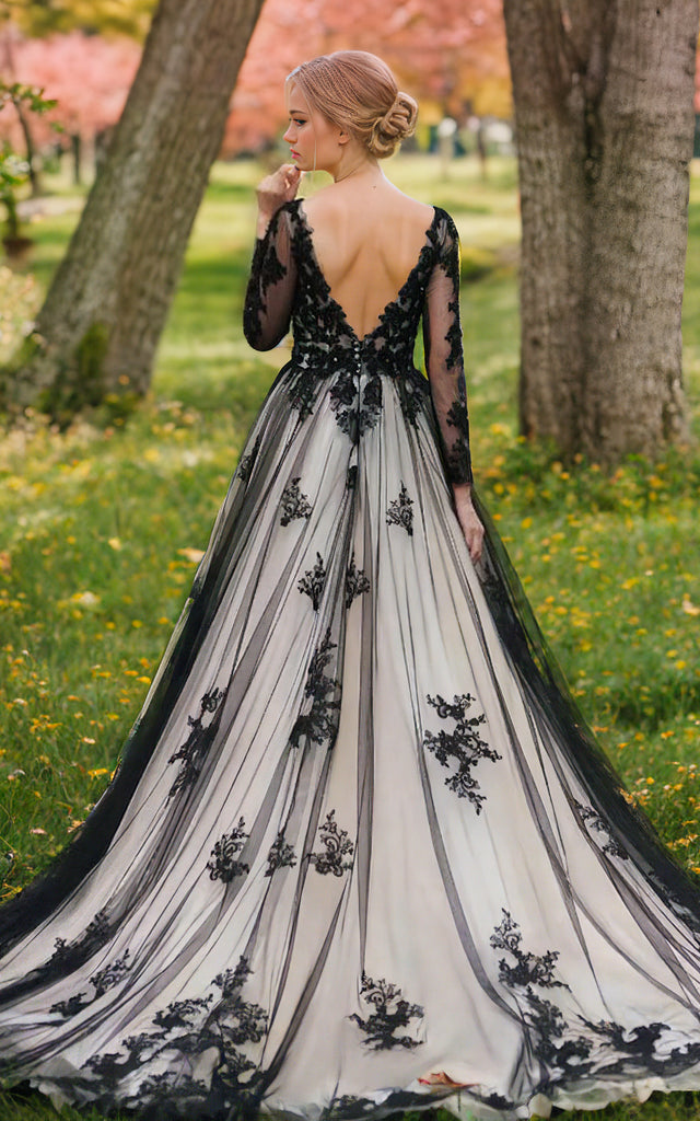 Gothic Boho Illusion Sleeve A-Line Black and White Wedding Dress Modern Modest Floral Beach Country Garden Bridal Gown Gothic Boho Illusion Sleeve A-Line Black and White Wedding Dress Modern Modest Floral Beach Country Garden Bridal Gown