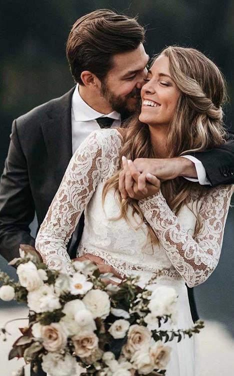 Country Boho Two Piece Chiffon Lace Bateau Long Sleeve Wedding Dress w   DorrisDress