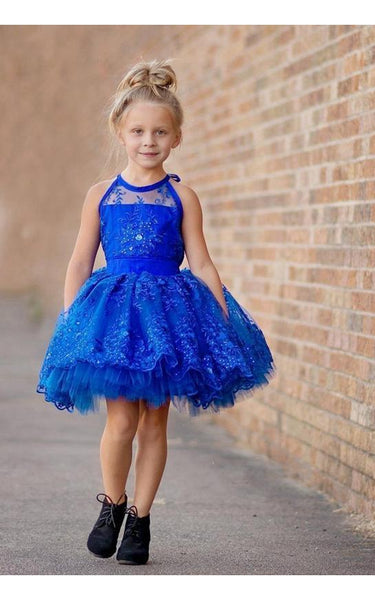 Newest Royal Blue Lace Appliques 2016 Flower Girl Dress-401403