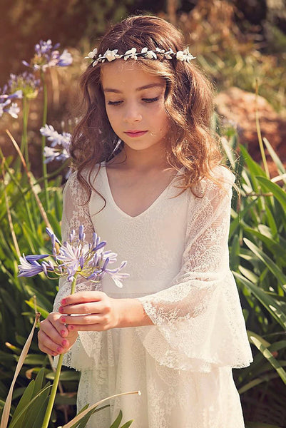 Lace Bohemian Simple Flower Girl Dress With Bell Sleeves-402465