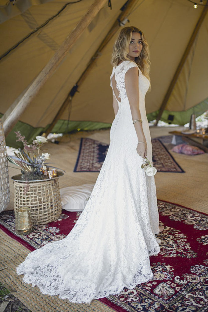 Boho A-line Elegant Lace Cap Sleeve Wedding Dress With V-neck And Keyh DorrisDress Boho A-line Elegant Lace Cap Sleeve Wedding Dress With V-neck And Keyh DorrisDress