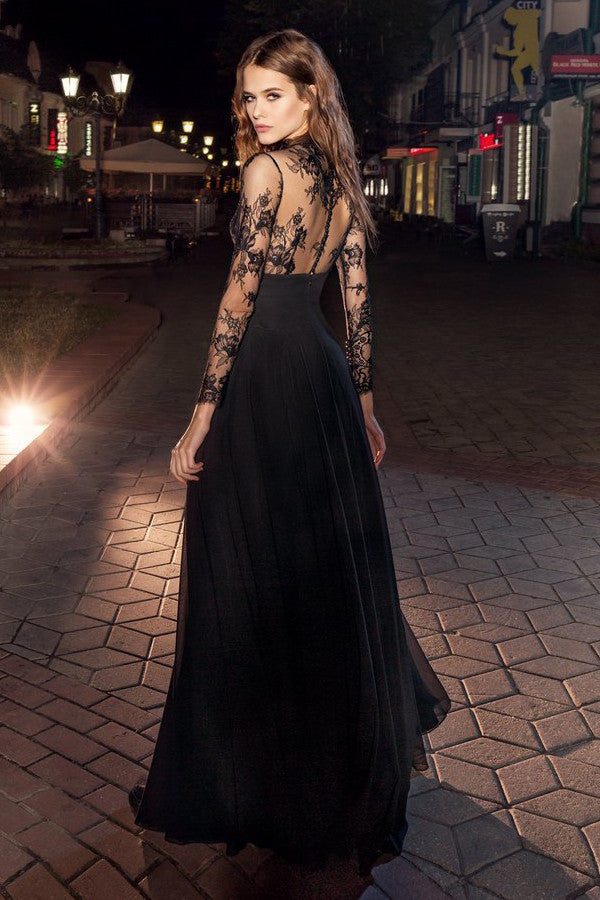 A-Line High Neck Long Sleeve Lace Chiffon Illusion Dress With Applique –  DorrisDress