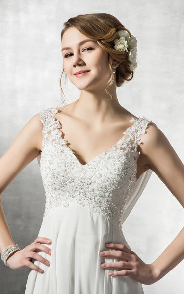 A-Line Empire Chiffon And Lace Dress With Beadings And Back Cowl