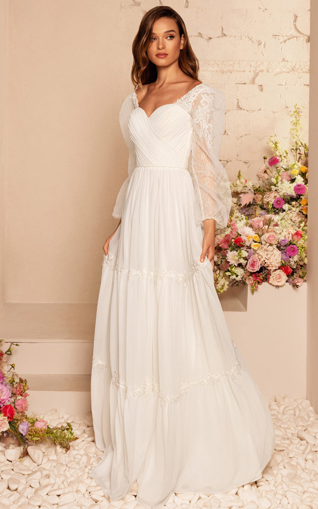 Simple A Line Chiffon Long Sleeve Illusion Wedding Dress with Criss Cr DorrisDress Simple A Line Chiffon Long Sleeve Illusion Wedding Dress with Criss Cr DorrisDress