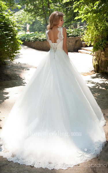 Ball Gown Long Bateau Sleeveless Low-V-Back Tulle Dress With Lace And Waist Jewellery