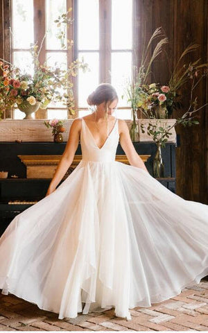 Chiffon V-neck A-Line Beach Wedding Dress With Open Back And Sweep Train