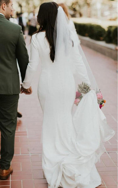 Satin Floor-length Chapel Train Mermaid Long Sleeve Simple Wedding Dress