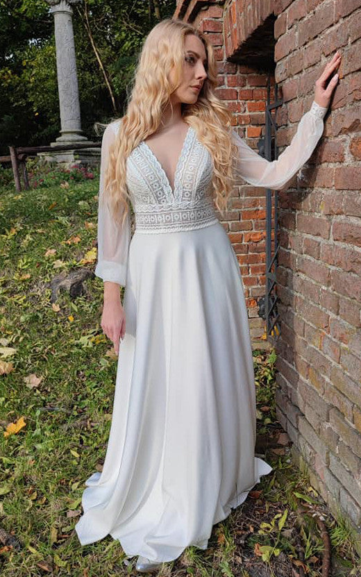 Simple Long Sleeves A-Line Satin Wedding Dress With V-neck And Low-V Back