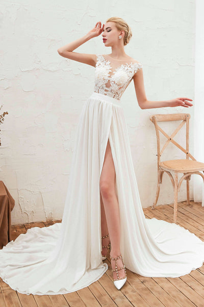 Illusion Lace Appliqued Cap Sleeve Elegant A-line Split Front Chiffon Bridal Gown