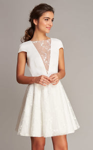 Casual Jewel Satin Lace Short Sleeve A Line Short Length V Back Wedding Dress