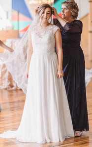 Elegant A-Line Bateau Chiffon Lace Wedding Dress With Short Sleeve And Appliques