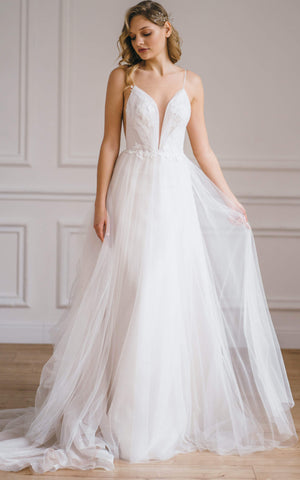 Modern Brush Train Sleeveless Tulle A Line Deep-V Back Wedding Dress with Appliques