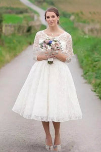 Vintage 3/4 Illusion Lace Sleeve Tea-length Wedding Dress With Buttons