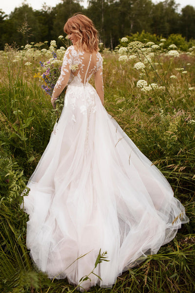 Illusion Sleeve Tulle Adorable Wedding Dress With Lace Details And Illusion Button Back