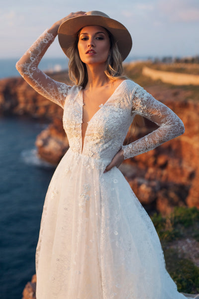 A-line Long Sleeve Plunging Neckline Lace Wedding Dress with Deep V-back