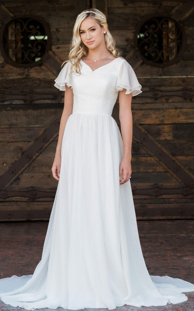 A Line V-neck Chiffon Floor-length Brush Train Short Sleeve Wedding Dr – DorrisDress