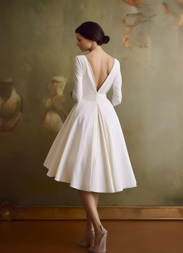 Vintage A-Line V-neck Satin Knee-length Wedding Dress Beach Country Garden Court Simple Elegant Casual Sleeveless-MW_700005 Vintage A-Line V-neck Satin Knee-length Wedding Dress Beach Country Garden Court Simple Elegant Casual Sleeveless-MW_700005