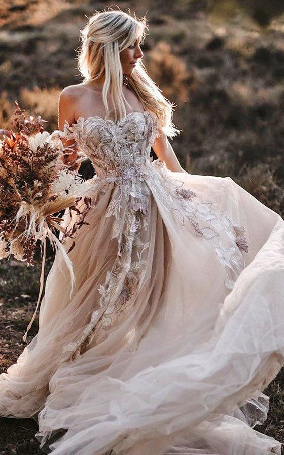 Flowy Country Off The Shoulder Lace Boho Wedding Dress with 3D Floral – DorrisDress