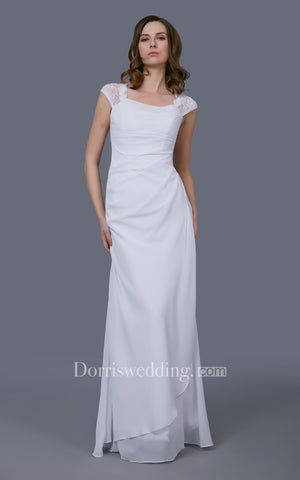 Elegant Side-draped Wedding Gown With Lace Cap Sleeves