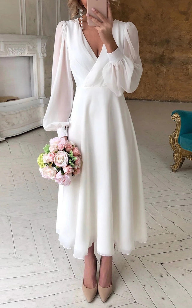 A-Line V-neck Chiffon Wedding Dress Simple Casual Western Romantic Bea DorrisDress A-Line V-neck Chiffon Wedding Dress Simple Casual Western Romantic Bea DorrisDress