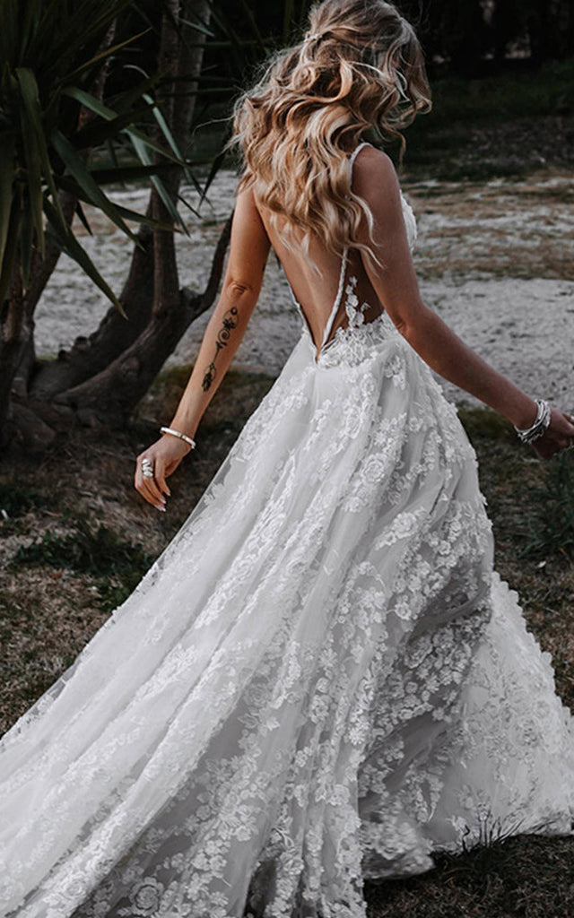 Boho A-Line Lace Tulle Sleeveless Wedding Dress with Split Front Count DorrisDress Boho A-Line Lace Tulle Sleeveless Wedding Dress with Split Front Count DorrisDress