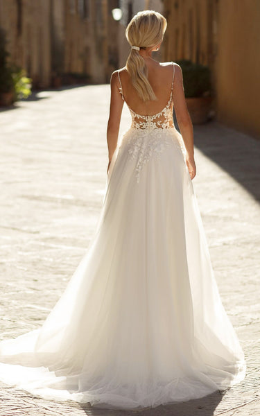 A-Line Spaghetti Lace Bohemian Country Wedding Dress With Open Back And Appliques