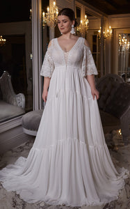 A-Line Garden V-neck Chiffon Wedding Dress With Keyhole Back And Appliques