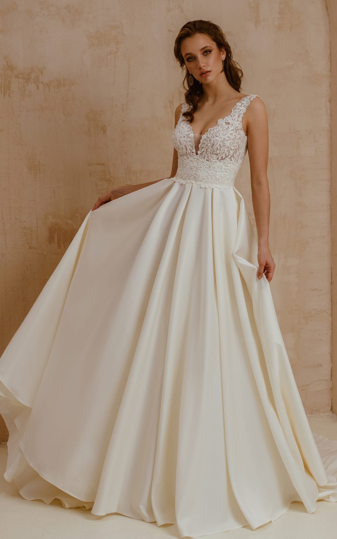 V-neck Short Sleeve Satin Lace A Line Floor-length Wedding Dress with Pleats and Sweep Train