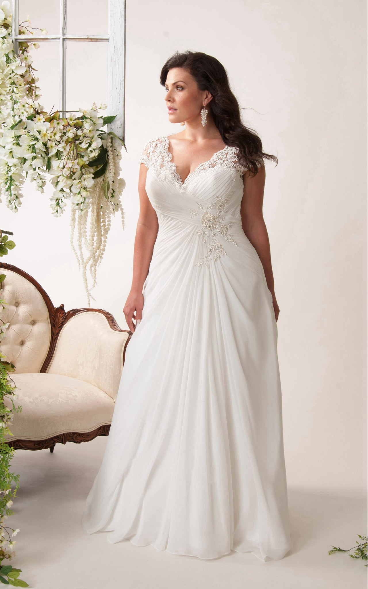 Cap-sleeve Lace Chiffon Floor-length plus size wedding dress With Criss cross