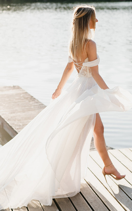 Elegant Sexy Two Piece Off-the-Shoulder Corset Maxi Wedding Dress with – DorrisDress