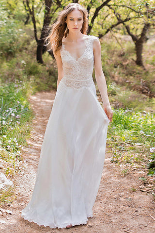 Plunged Cap-Sleeve Chiffon Sheath Wedding Dress With Lace