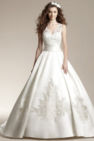 Sleeveless V-Neck Ballgown With Appliques And Lace Detail