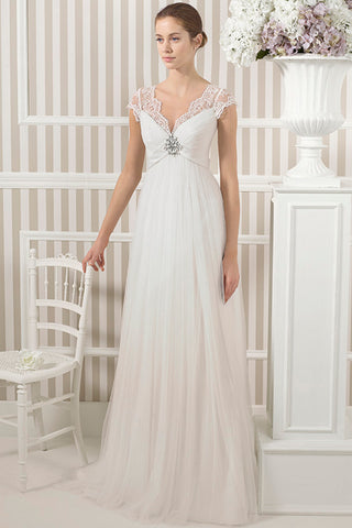 Tulle Cap-sleeve Ruched Empire Wedding Dress With Low-V Back And Sweep Train