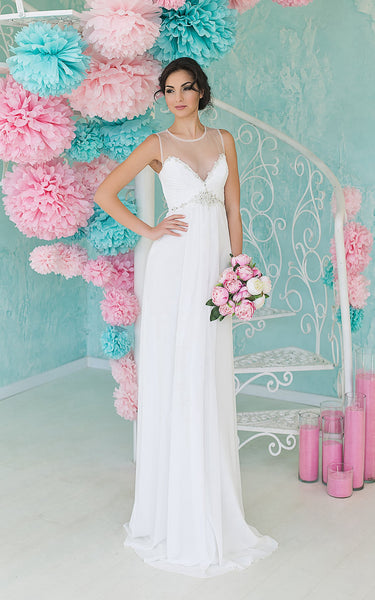 Pencil Floor-Length Scoop Sleeveless Empire Illusion Chiffon Dress With Beading And Ruching