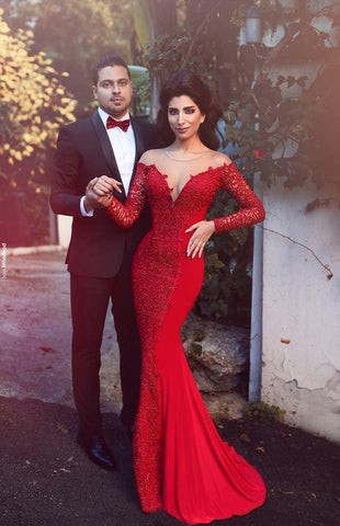 Sexy Red Long Sleeve Lace 2018 Evening Dress Mermaid Zipper Button Back