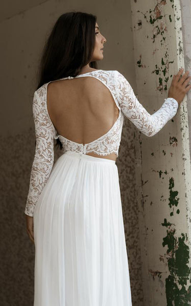 Bohemian Two Piece Bateau Chiffon Lace Long Sleeve Wedding Dress with Split Front