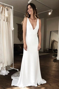 Modern Sleeveless Plunging Stain Wedding Gown With Illusion Deep V-back Details