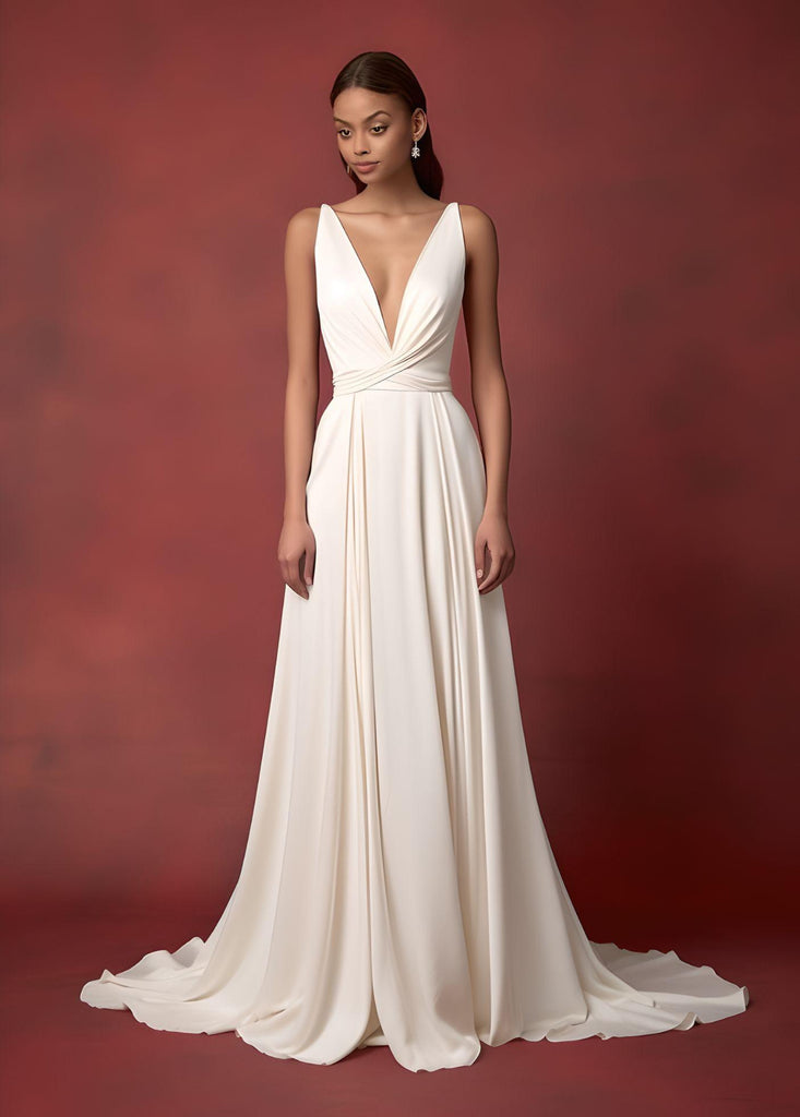 Sexy A-Line Plunging Neckline V-neck Satin Sleeveless Wedding Dress Be DorrisDress Sexy A-Line Plunging Neckline V-neck Satin Sleeveless Wedding Dress Be DorrisDress