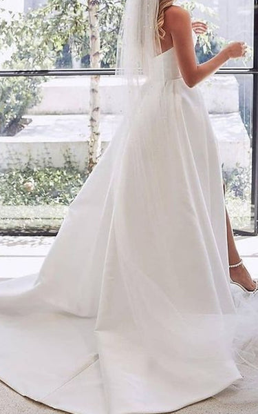 A-Line Strapless Satin Wedding Dress Simple Casual Elegant Adorable Garden With Open Back And Ruching And Split Front
