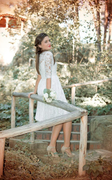 Ankle-Length Half-Illusion-Sleeve Jewel Bridal Dress