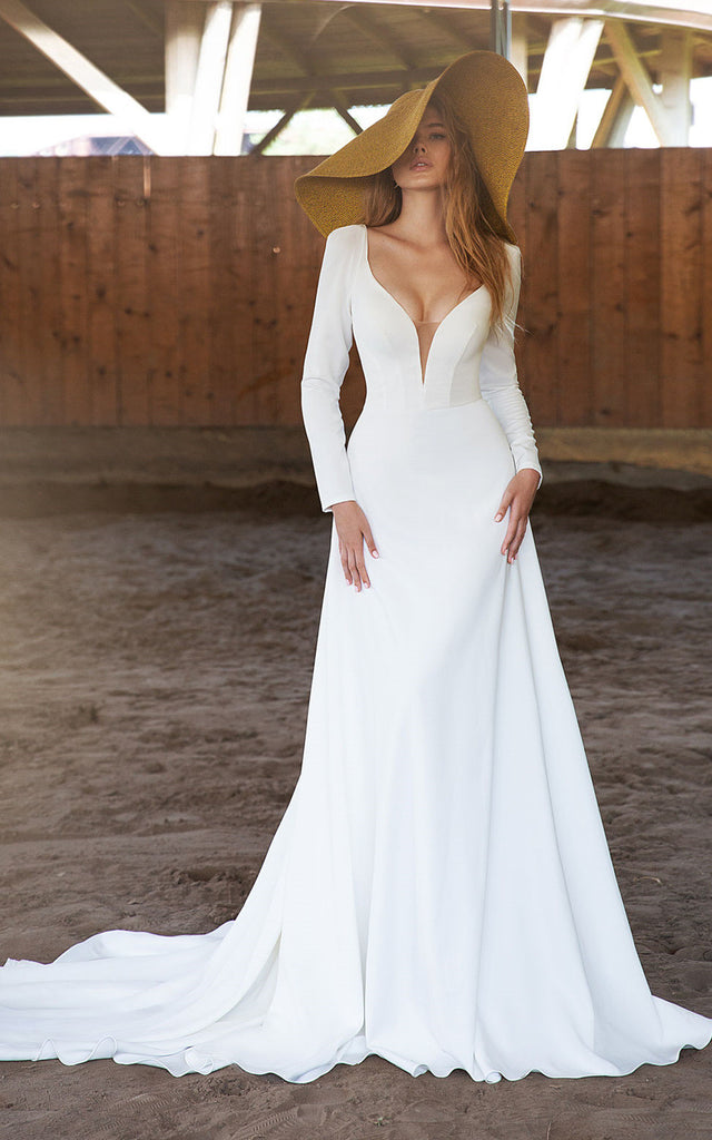 Sexy A Line Plunging Neckline Satin Brush Train Wedding Dress-716075 – DorrisDress